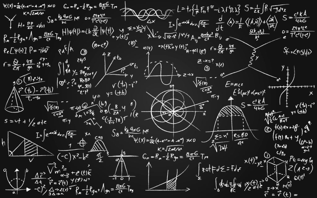 Image of math equations written on a blackboard.