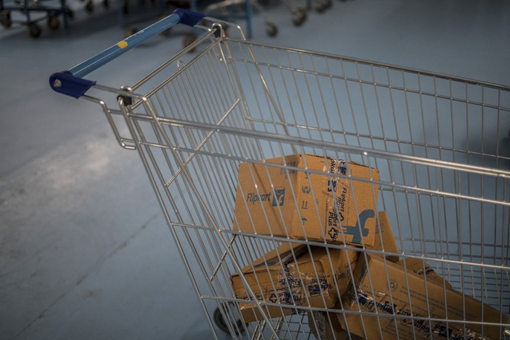Packages in a cart at a Flipkart Internet Pvt. warehouse in Koduvalli, Thiruvallur, in the outskirts of Chennai, India, on Wednesday. Sept. 22, 2021.
