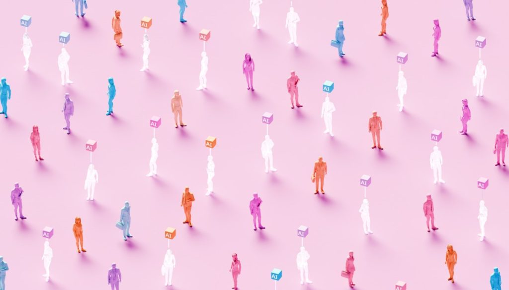 3D rendered conceptual illustration of numerous business figures evenly scattered across a soft pink background: solid colored human workers standing alongside identical translucent ghost-like figures, each translucent worker marked by a glowing “AI” symbol hovering above – powerful visualization of artificial intelligence replacing human workforce, solid employees mixed with their AI-replaced counterparts, automation displacing jobs, digital transformation eliminating roles, technological unemployment, workforce disruption, future of work with AI substitution, and the new era where real human workers are gradually replaced by artificial intelligence.