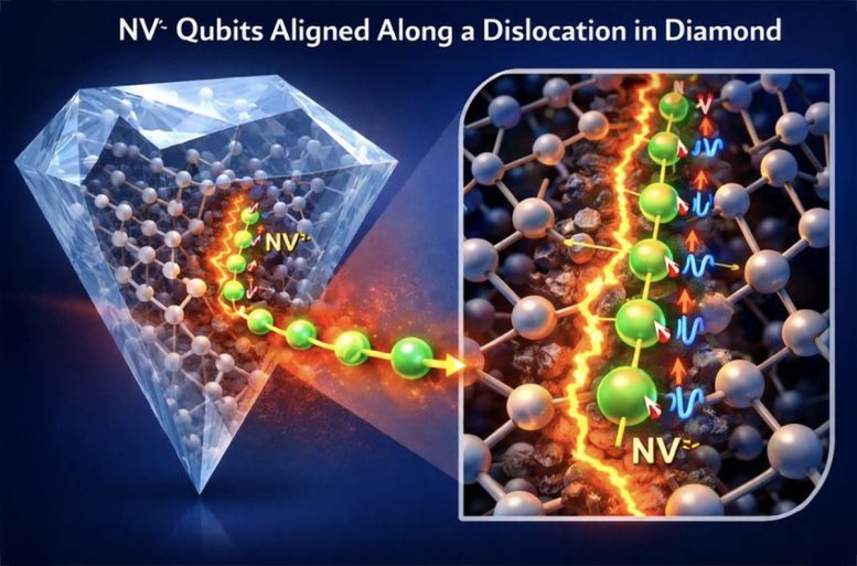Physicists Discover a New Way To Connect Qubits Using Crystal Imperfections NV Qubits Aligned Along a Dislocation in Diamond