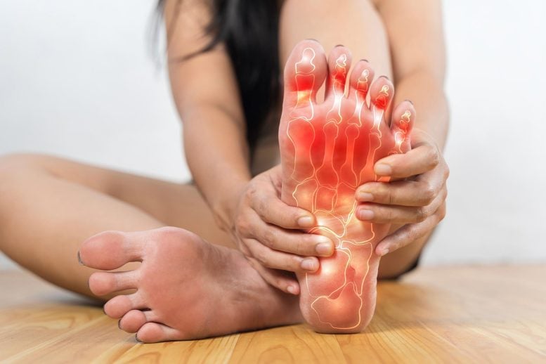 Common Gout Medication Found To Slash Heart Attack and Stroke Risk Woman Painful Inflamed Foot Gout