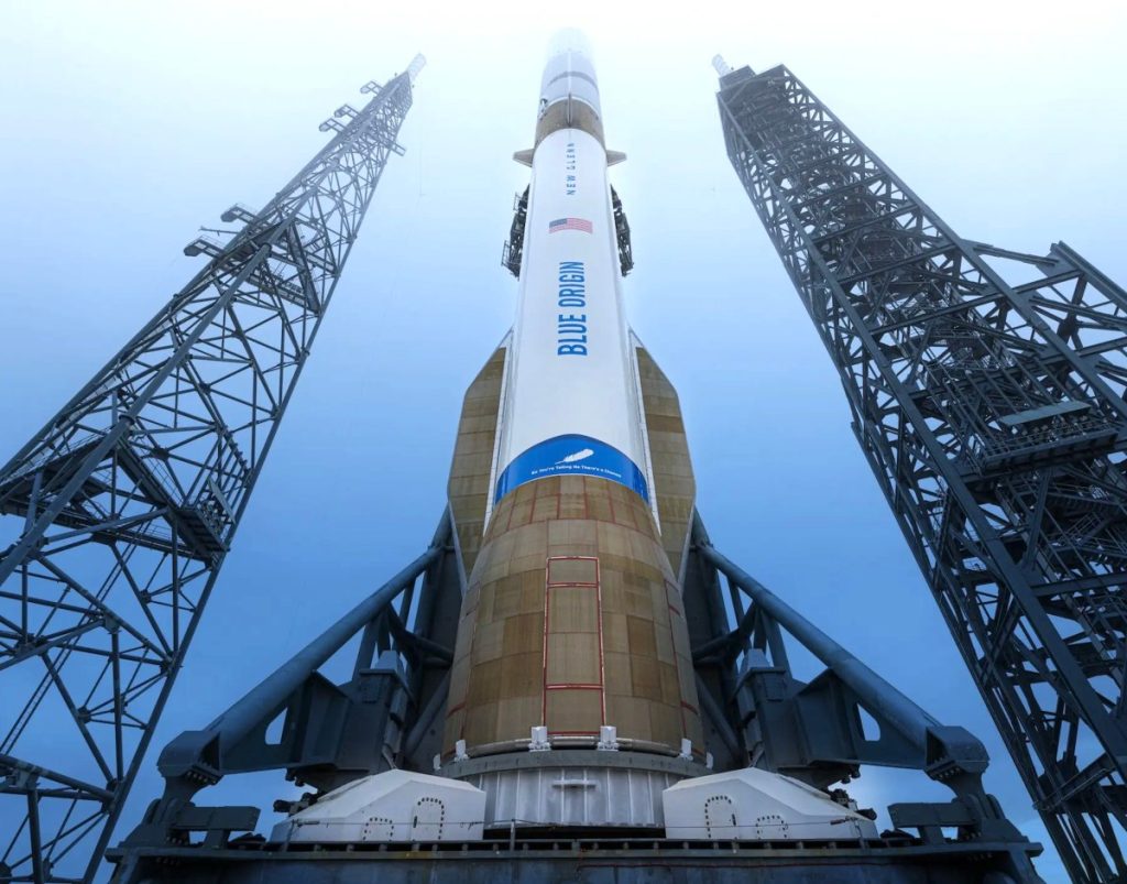 Blue Origin schedules third New Glenn launch for late February, but not to the moon Blue Origin's New Glenn rocket on the launchpad