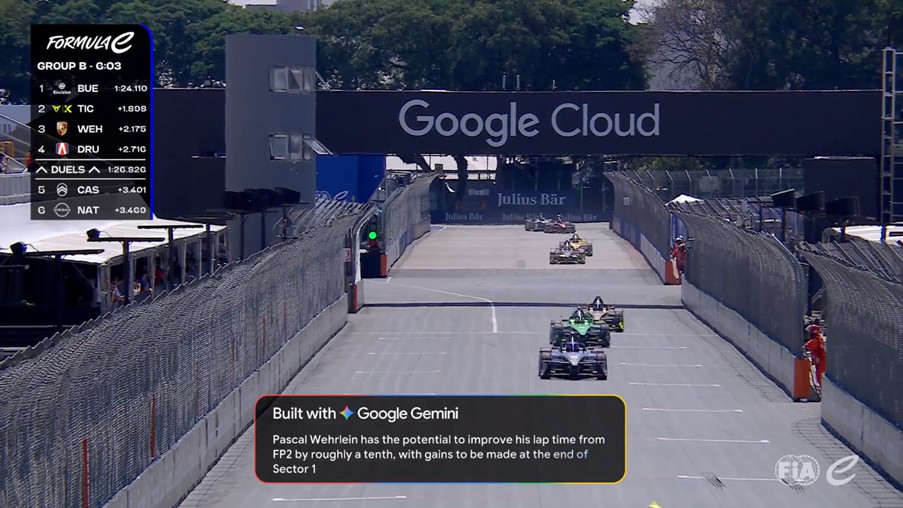 How Formula E uses Google Cloud AI to meet net zero targets Screenshot of Formula E data insights being driven by Google Cloud Gemini AI as the partners expand their work to sustain net zero targets by driving efficiency across its global logistics and commercial operations.