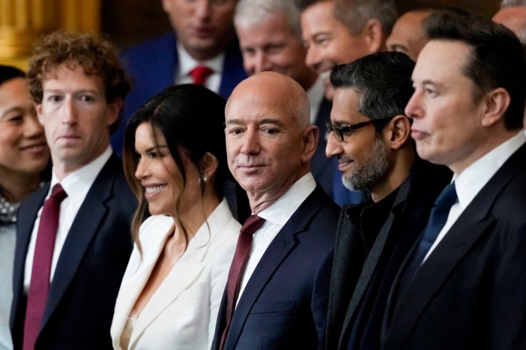 Mark Zuckerberg, chief executive officer of Meta Platforms Inc., from left, Lauren Sanchez, Jeff Bezos, founder of Amazon.com Inc., Sundar Pichai, chief executive officer of Alphabet Inc., and Elon Musk, chief executive officer of Tesla Inc., during the 60th presidential inauguration in the rotunda of the US Capitol in Washington, DC, US, on Monday, Jan. 20, 2025. Donald Trump's Monday swearing-in marks just the second time in US history that a president lost the office and managed to return to power - a comeback cementing his place within the Republican Party as an enduring, transformational figure rather than a one-term aberration.