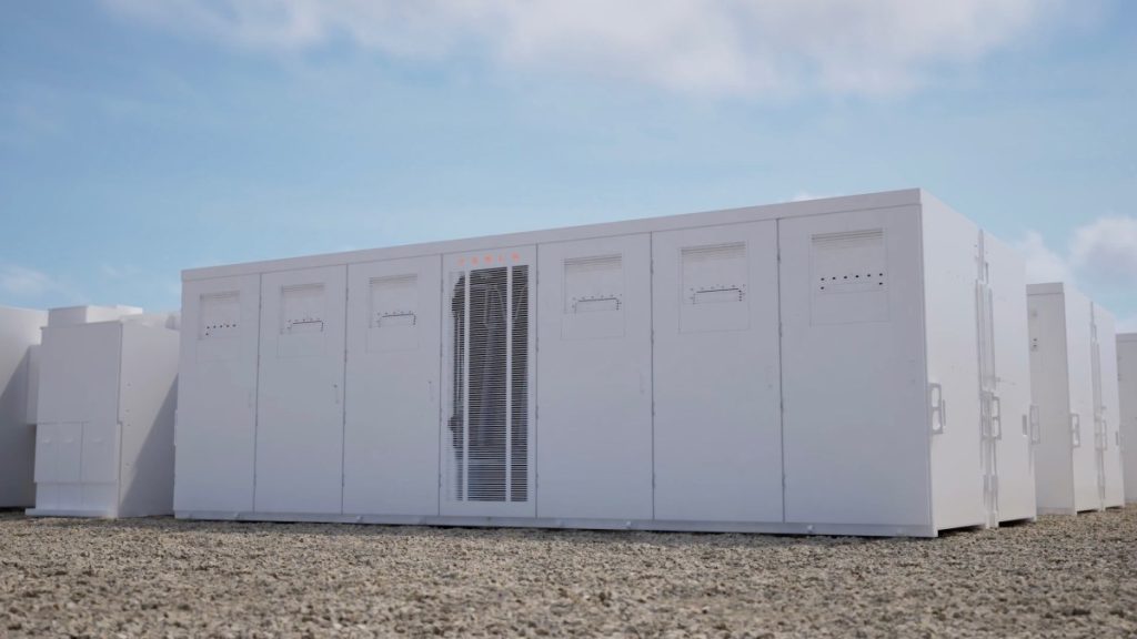 A rendering shows Tesla's Megablock energy storage system.