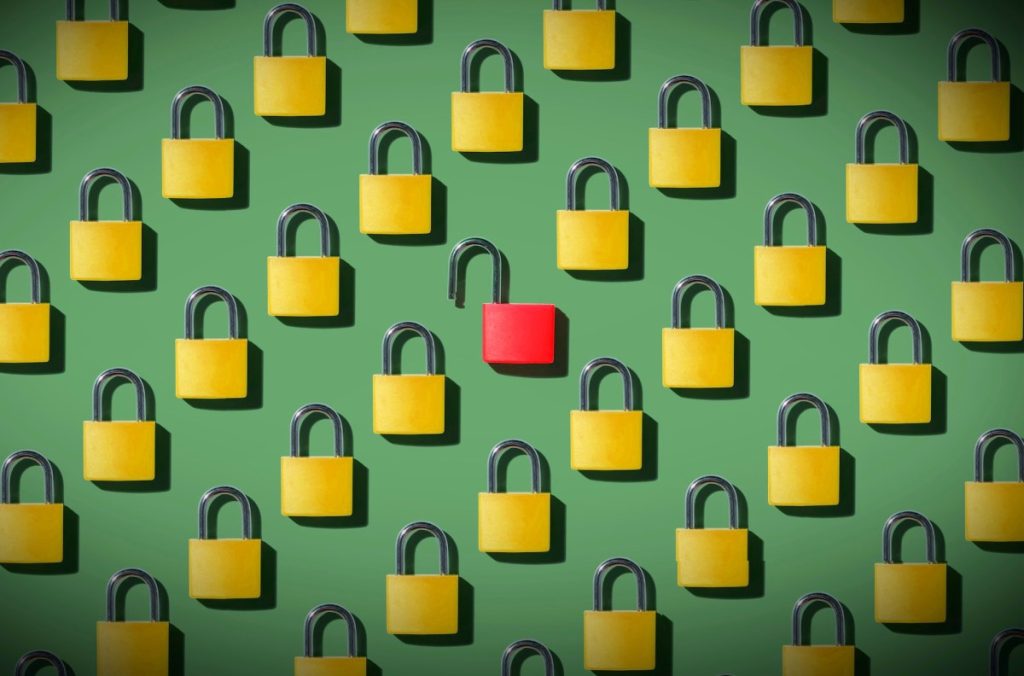 Bug in student admissions website exposed children’s personal information closed padlocks on a green background with the exception of one lock, in red, that's open, symbolizing badly handled data breaches